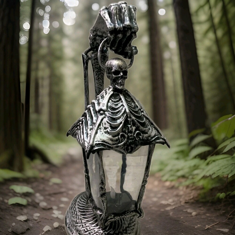 NWOT 'Midnight Shadows' Black w/ Silver Finish Halloween Skeleton Lantern 16.5"H